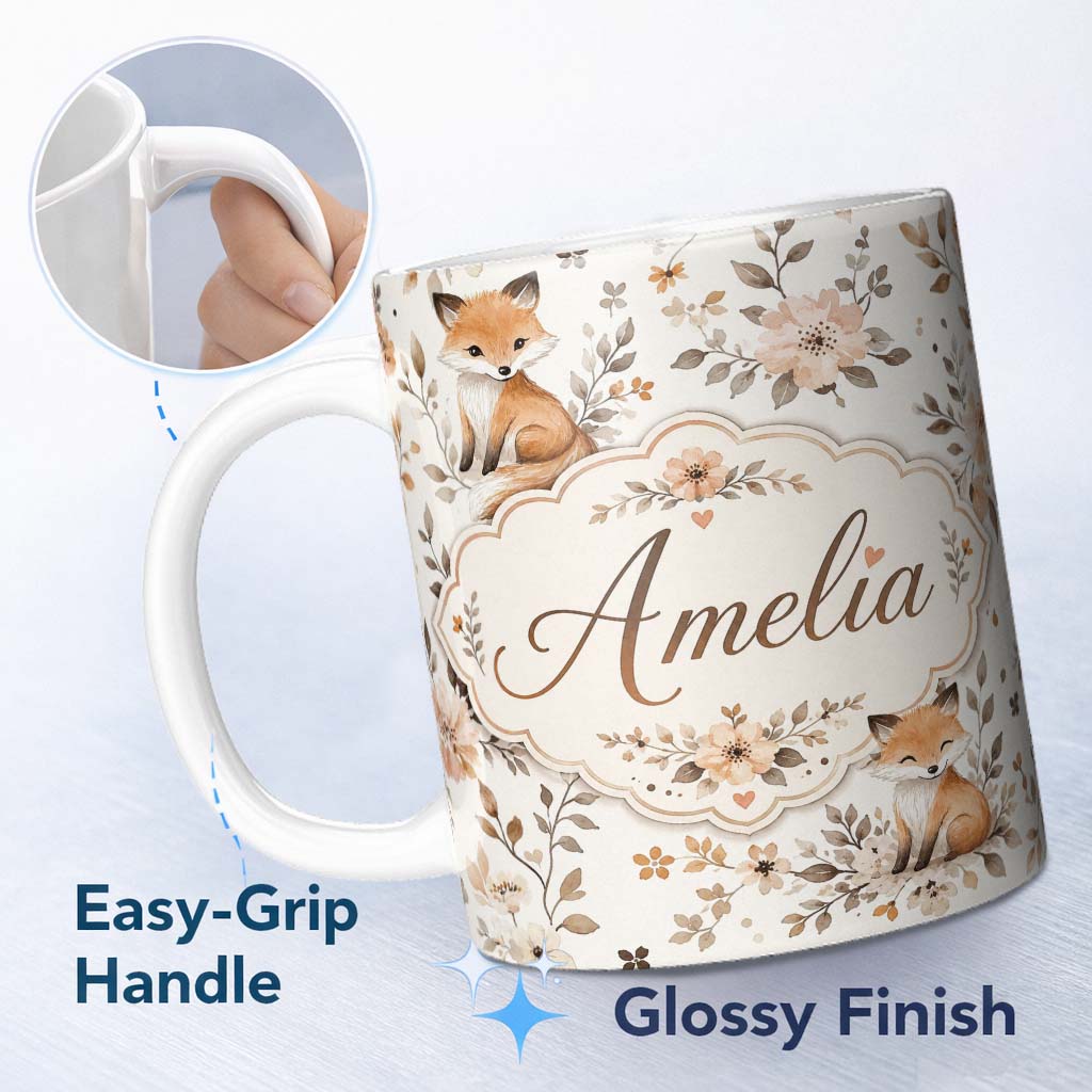 Personalized Custom Name Cute Watercolor Fox with Floral Leaves Seamless Pattern Lovely 11oz Ceramic Coffee Tea Mug White Large Handle
