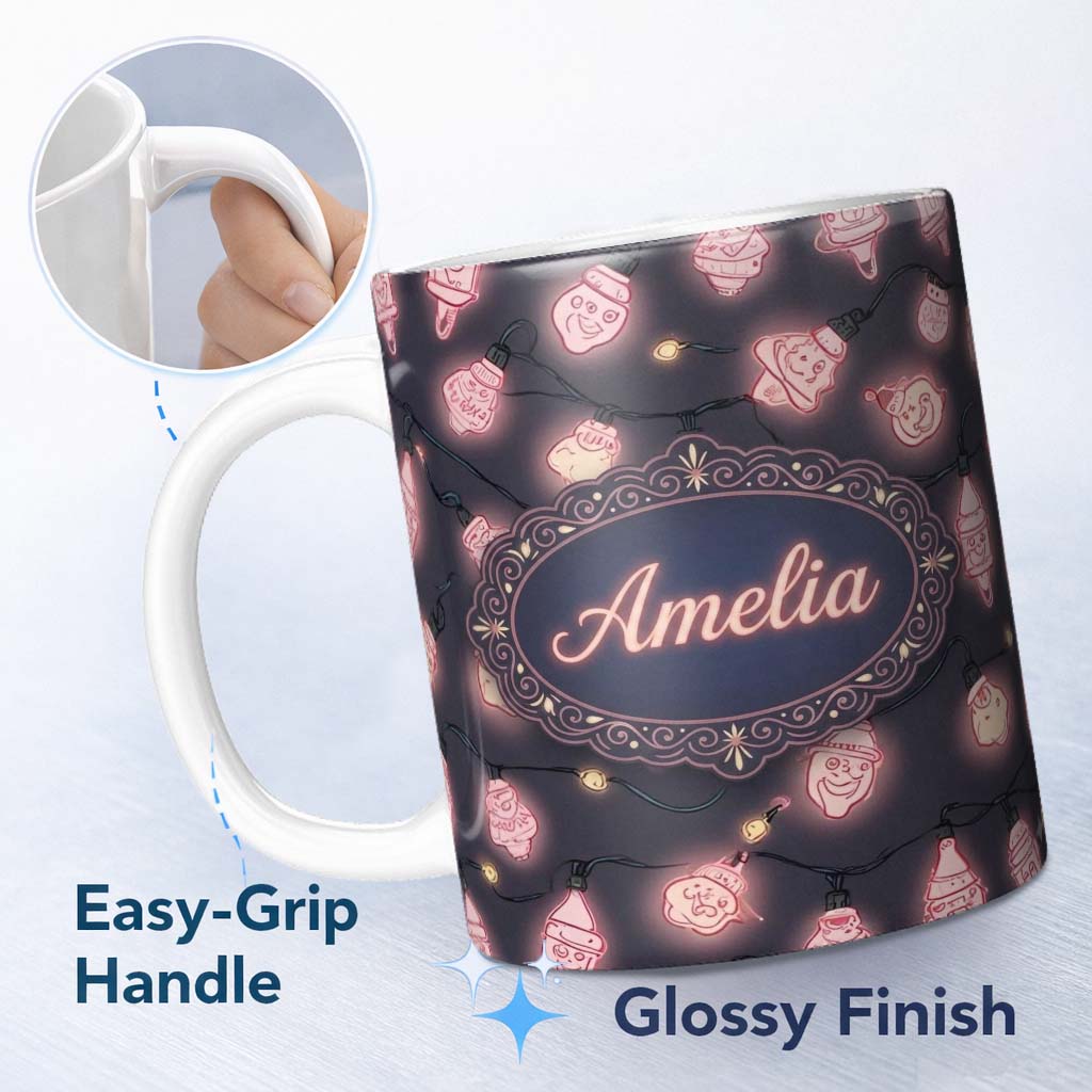 Personalized Custom Name Cute Christmas Light Bulbs Festive Glow Seamless Pattern Lovely 11oz Ceramic Coffee Tea Mug White Large Handle