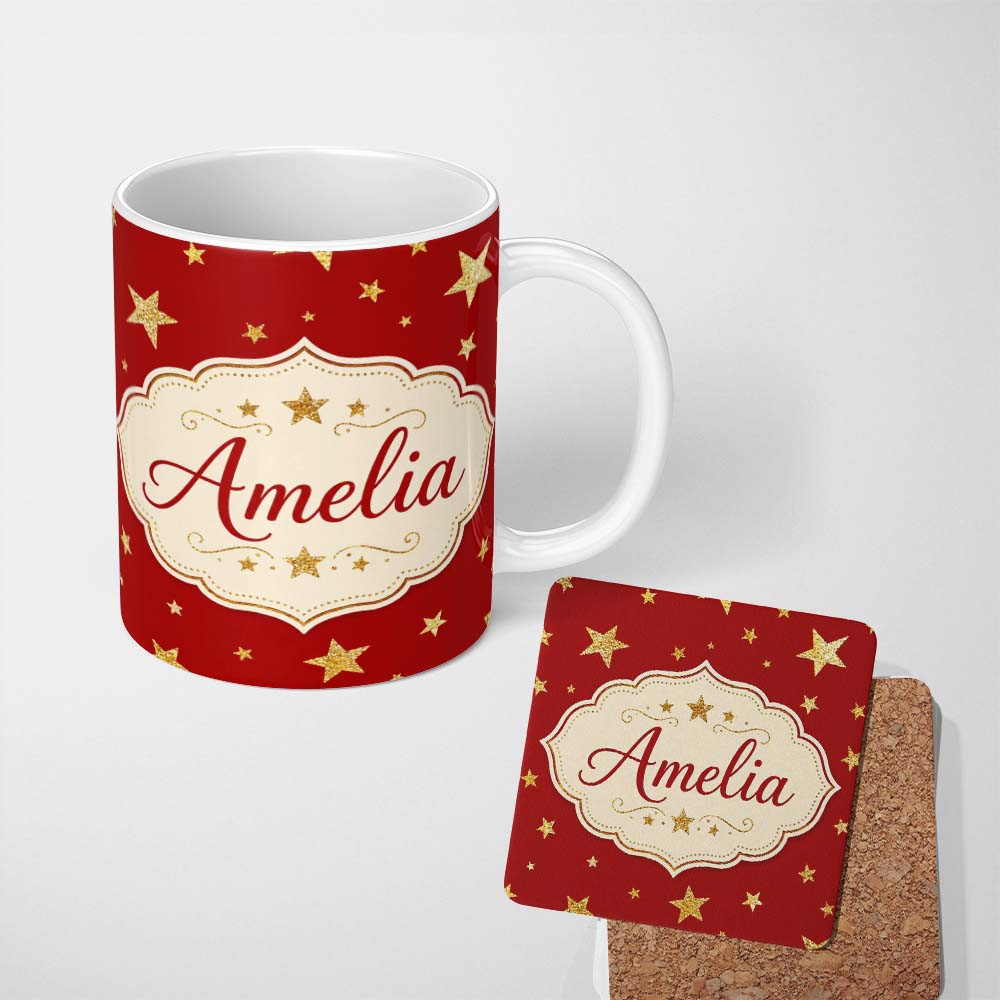 Personalized Custom Name Gold Glitter Stars on Red Background Seamless Pattern Design Festive 11oz Ceramic Coffee Tea Mug White Large Handle