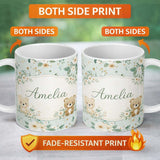 Personalized Custom Name Teddy Bear Floral Nursery Pattern Blue Background Seamless Lovely 11oz Ceramic Coffee Tea Mug White Large Handle