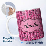 Personalized Custom Name Vibrant Pink and Black Leopard Spot Abstract Seamless Pattern Lovely 11oz Ceramic Coffee Tea Mug White Large Handle
