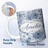 Personalized Custom Name Soft Blue Toned Floral Bouquet Seamless Pattern with Roses Peonies 11oz Ceramic Coffee Tea Mug White Large Handle