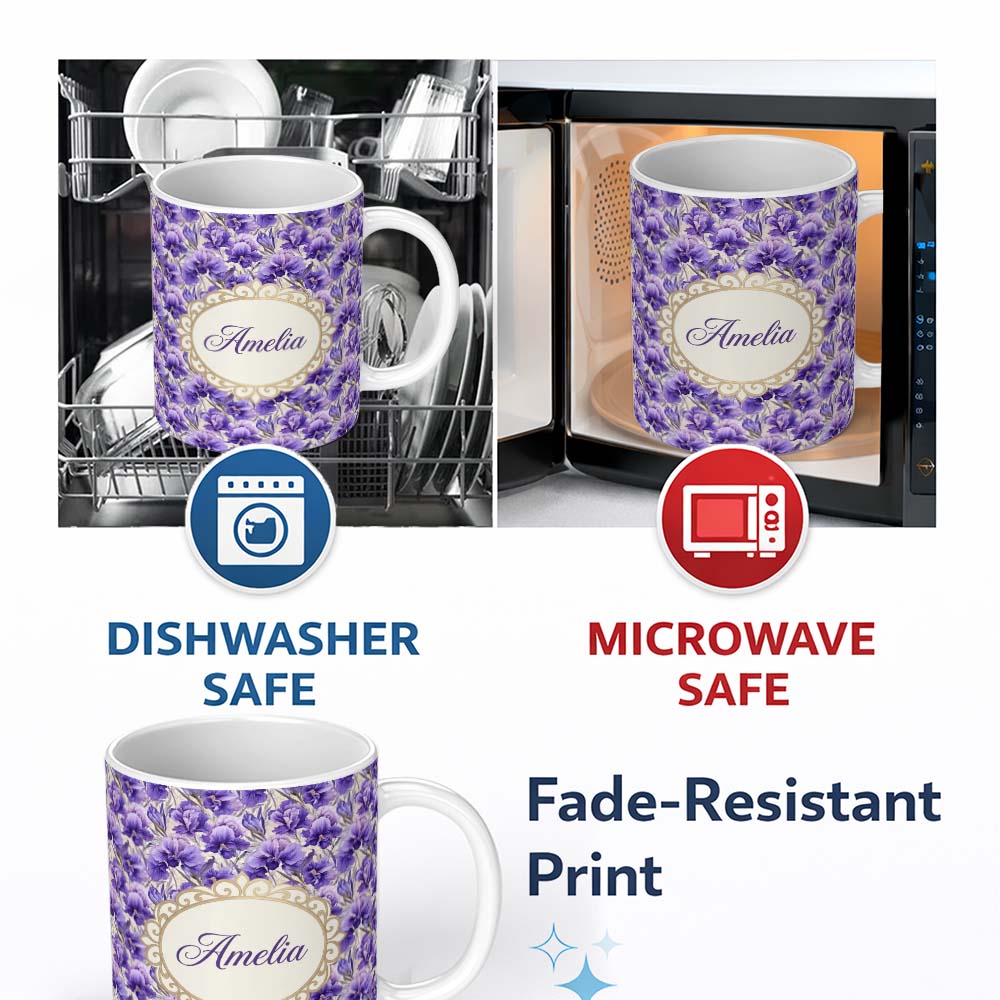Personalized Custom Name Purple Iris Flower Garden Seamless Pattern Charming Kitchen Decor 11oz Ceramic Coffee Tea Mug White Large Handle