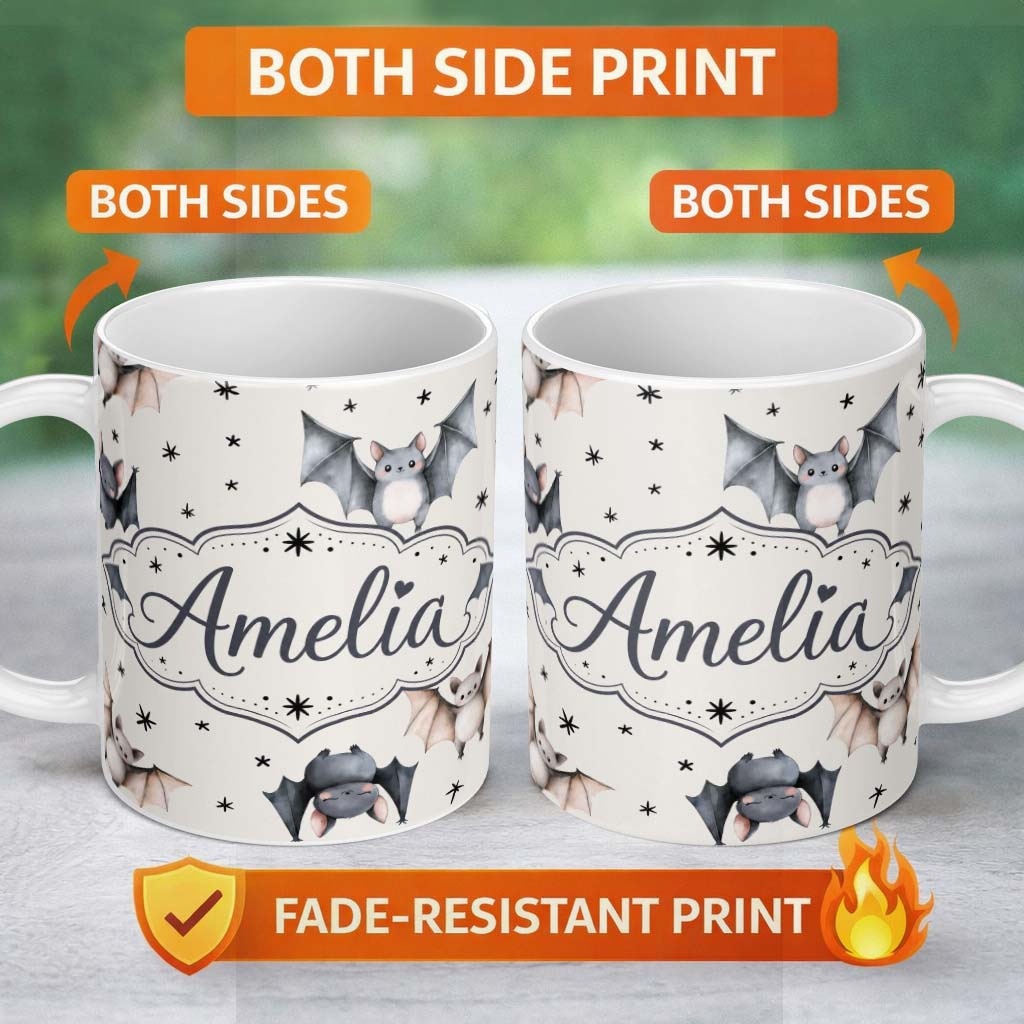 Personalized Custom Name Cute Watercolor Bats and Stars Seamless Pattern Light Neutral Lovely 11oz Ceramic Coffee Tea Mug White Large Handle