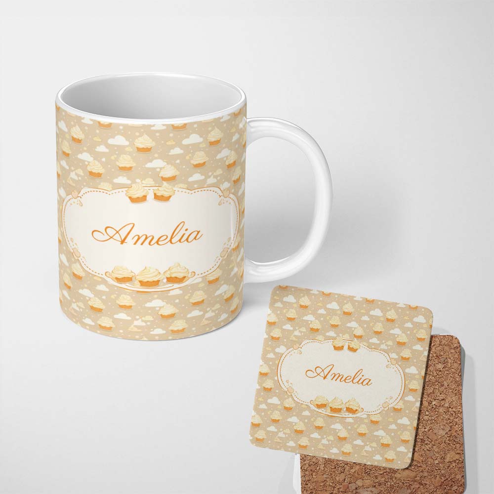 Personalized Custom Name Cute Cupcake and Clouds Sweet Dessert Seamless Pattern Soft Neutral 11oz Ceramic Coffee Tea Mug White Large Handle