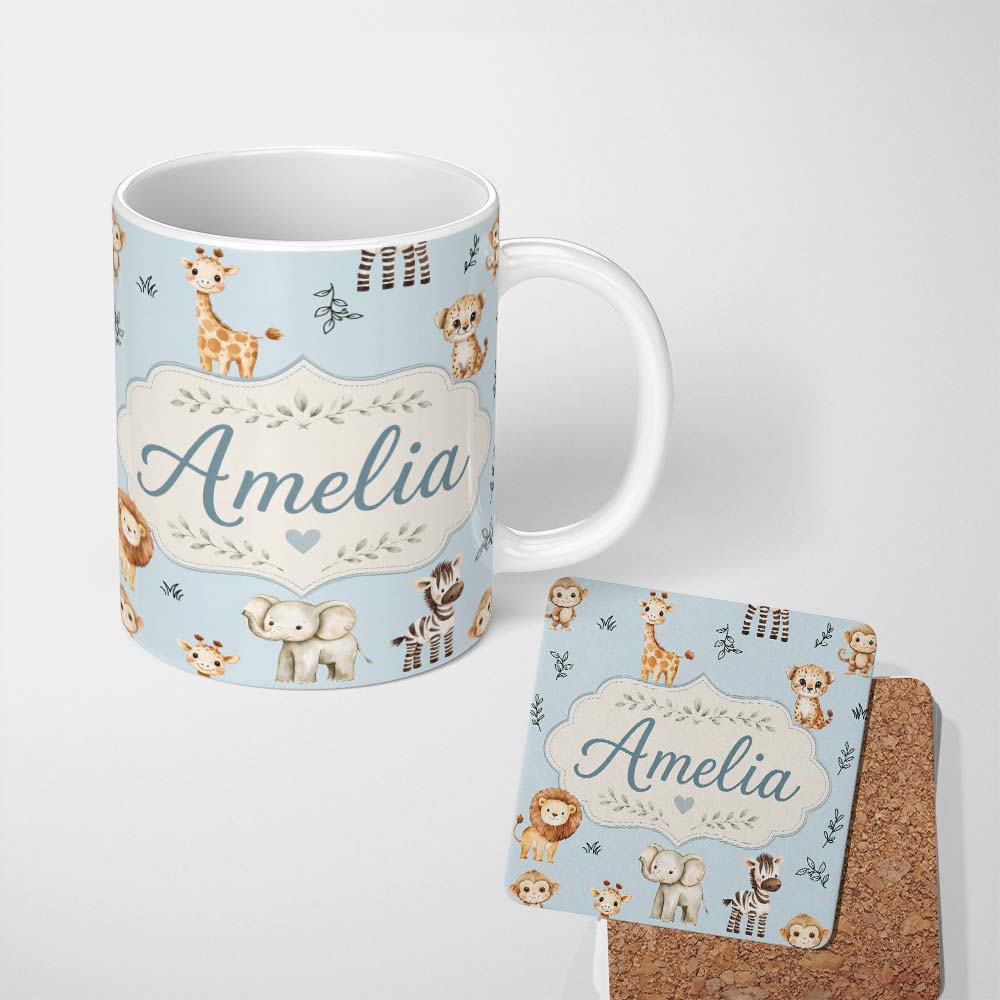 Personalized Custom Name Cute Baby Safari Animals Elephant Giraffe Lion Zebra Pattern Blue 11oz Ceramic Coffee Tea Mug White Large Handle