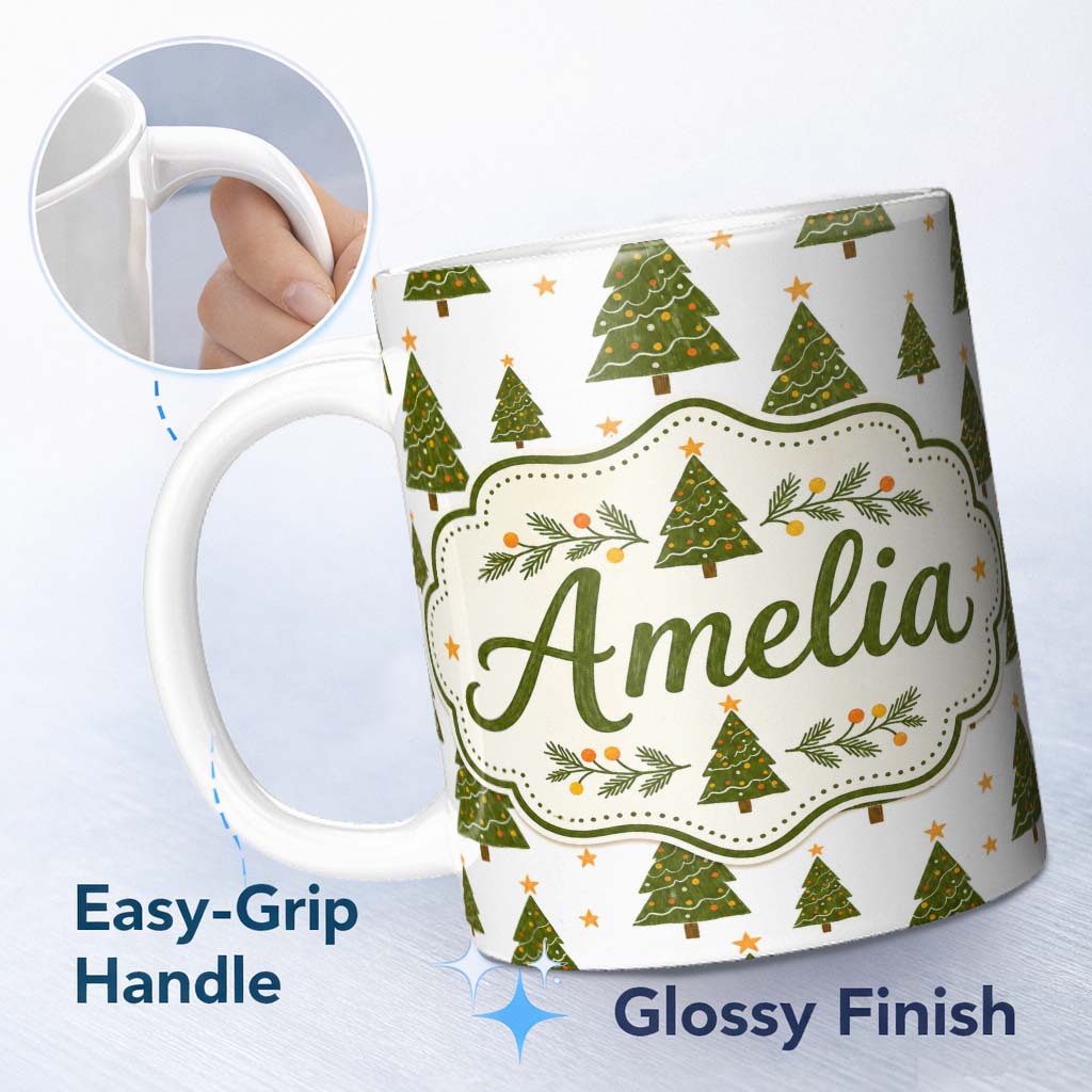 Personalized Custom Name Hand Drawn Christmas Trees with Stars Minimal Seamless Pattern 11oz Ceramic Coffee Tea Mug White Large Handle
