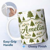 Personalized Custom Name Hand Drawn Christmas Trees with Stars Minimal Seamless Pattern 11oz Ceramic Coffee Tea Mug White Large Handle