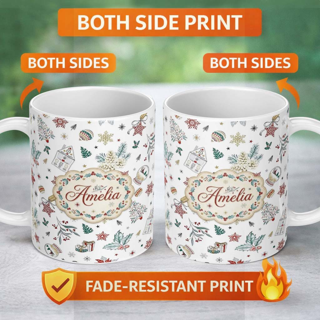 Personalized Custom Name Vintage Christmas Ornaments Snowflakes Birds Seamless Pattern Lovely 11oz Ceramic Coffee Tea Mug White Large Handle
