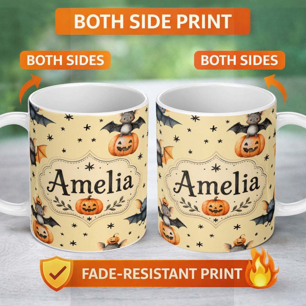 Personalized Custom Name Cute Halloween Bats Sitting on Pumpkins with Stars Yellow Background 11oz Ceramic Coffee Tea Mug White Large Handle
