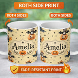 Personalized Custom Name Cute Halloween Bats Sitting on Pumpkins with Stars Yellow Background 11oz Ceramic Coffee Tea Mug White Large Handle
