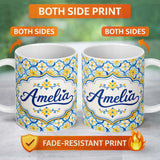 Personalized Custom Name Blue and Yellow Mediterranean Tile Pattern with Floral Motifs Lovely 11oz Ceramic Coffee Tea Mug White Large Handle