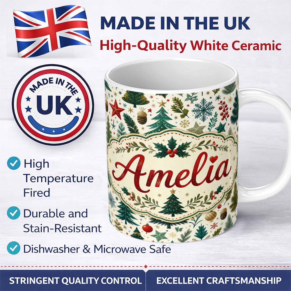 Personalized Custom Name Scandinavian Christmas Tree Holly Berry Winter Seamless Pattern 11oz Ceramic Coffee Tea Mug White Large Handle