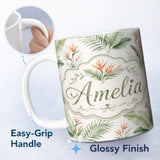 Personalized Custom Name Watercolor Tropical Banana Leaves and Bird of Paradise Floral Lovely 11oz Ceramic Coffee Tea Mug White Large Handle