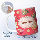 Personalized Custom Name Cute Gingerbread Man Christmas Tree Candy Cane Holiday Pattern Red 11oz Ceramic Coffee Tea Mug White Large Handle
