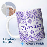 Personalized Custom Name Purple Ornamental Tile Floral Seamless Pattern Beautiful Coffee Cup 11oz Ceramic Coffee Tea Mug White Large Handle