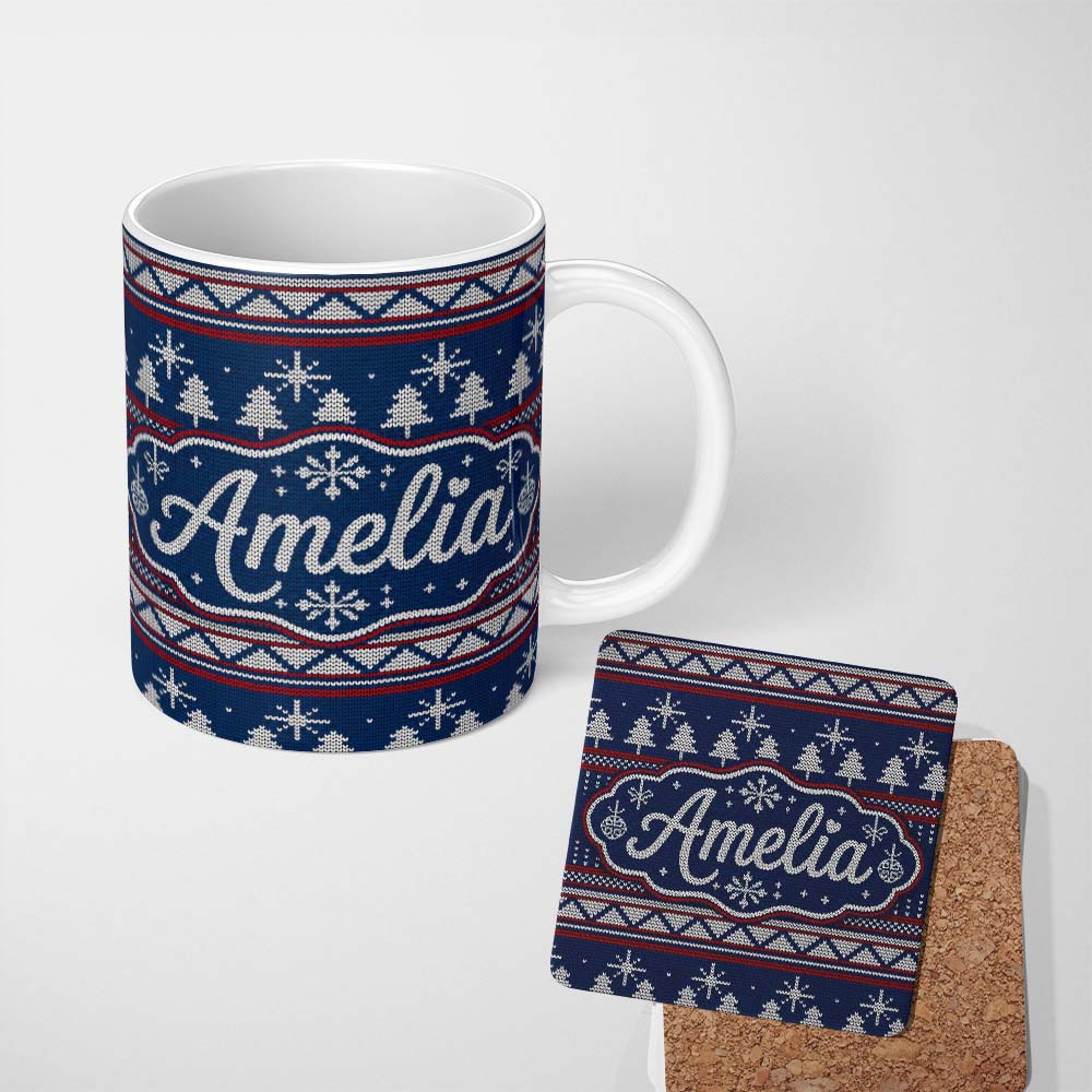 Personalized Custom Name Cute Blue Nordic Ornament Snowflake Winter Knitted Seamless Pattern 11oz Ceramic Coffee Tea Mug White Large Handle