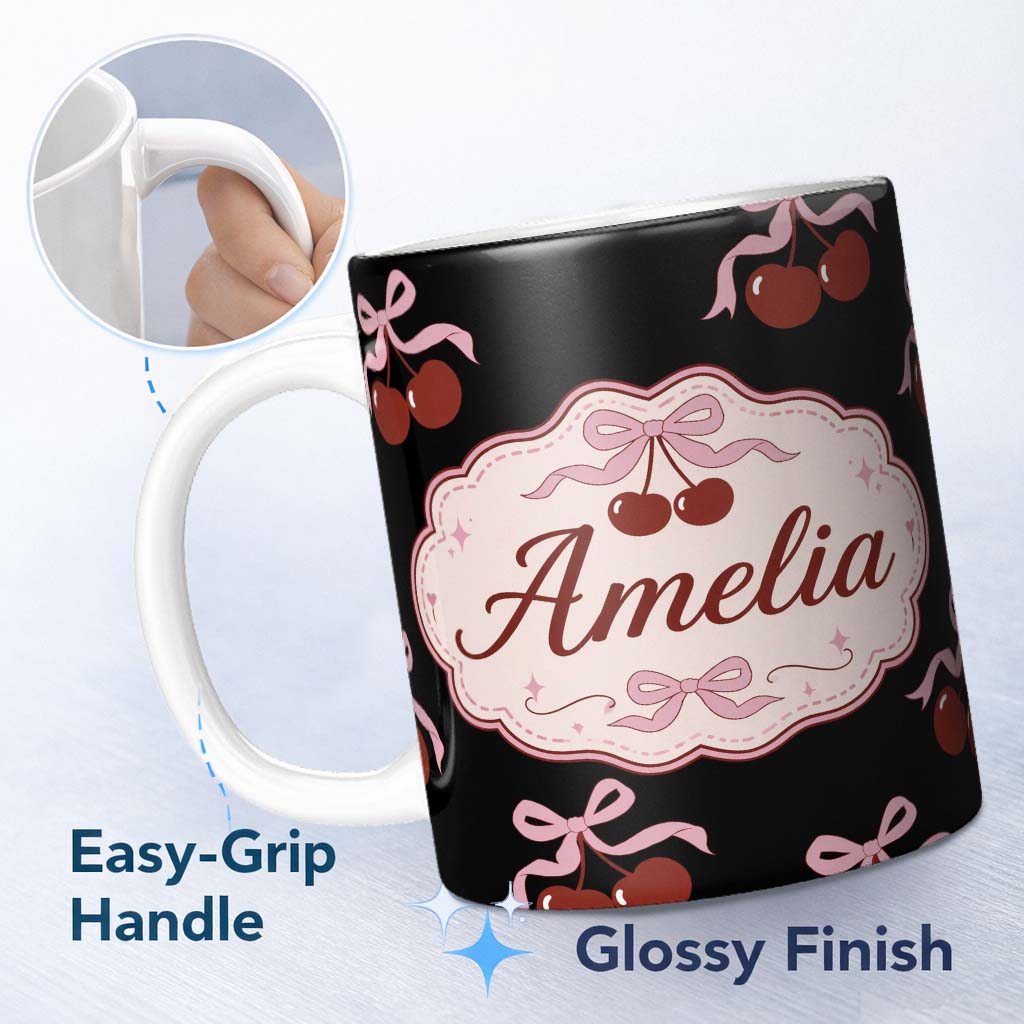 Personalized Custom Name Cherry Bow Ribbon Cute Light Grey Minimal Background Seamless Lovely 11oz Ceramic Coffee Tea Mug White Large Handle