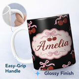 Personalized Custom Name Cherry Bow Ribbon Cute Light Grey Minimal Background Seamless Lovely 11oz Ceramic Coffee Tea Mug White Large Handle