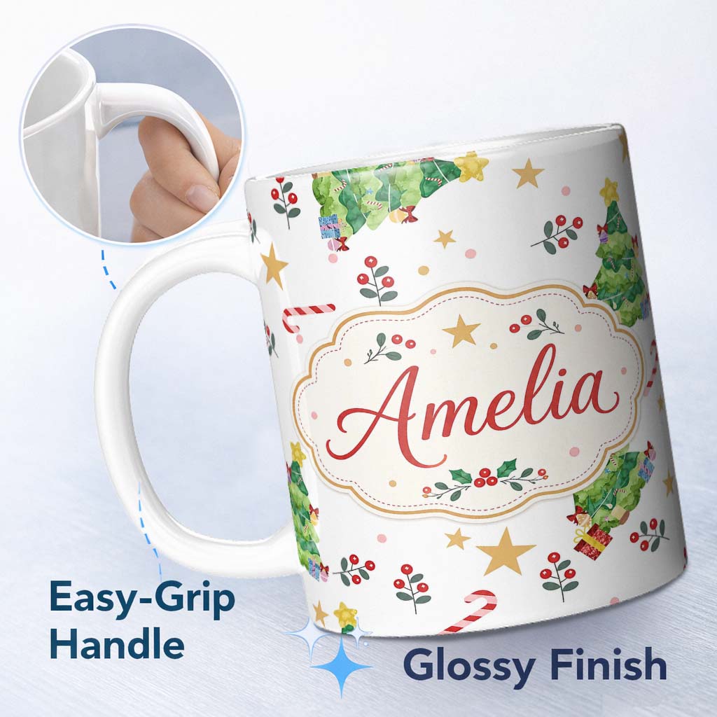 Personalized Custom Name Cute Christmas Tree Candy Cane Stars Gift Seamless Pattern Lovely 11oz Ceramic Coffee Tea Mug White Large Handle