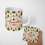 Personalized Custom Name Rustic Christmas Trees Stars Holiday Winter Seamless Pattern Lovely 11oz Ceramic Coffee Tea Mug White Large Handle