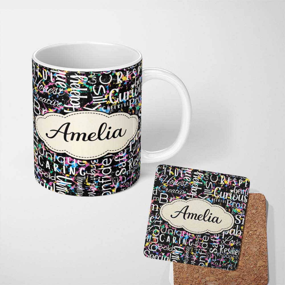 Personalized Custom Name Pink Glitter Typography Black Motivational Word Pattern Lovely 11oz Ceramic Coffee Tea Mug White Large Handle