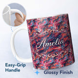 Personalized Custom Name Vibrant Fluid Marble Swirl Abstract Pattern Pink Blue Orange Lovely 11oz Ceramic Coffee Tea Mug White Large Handle