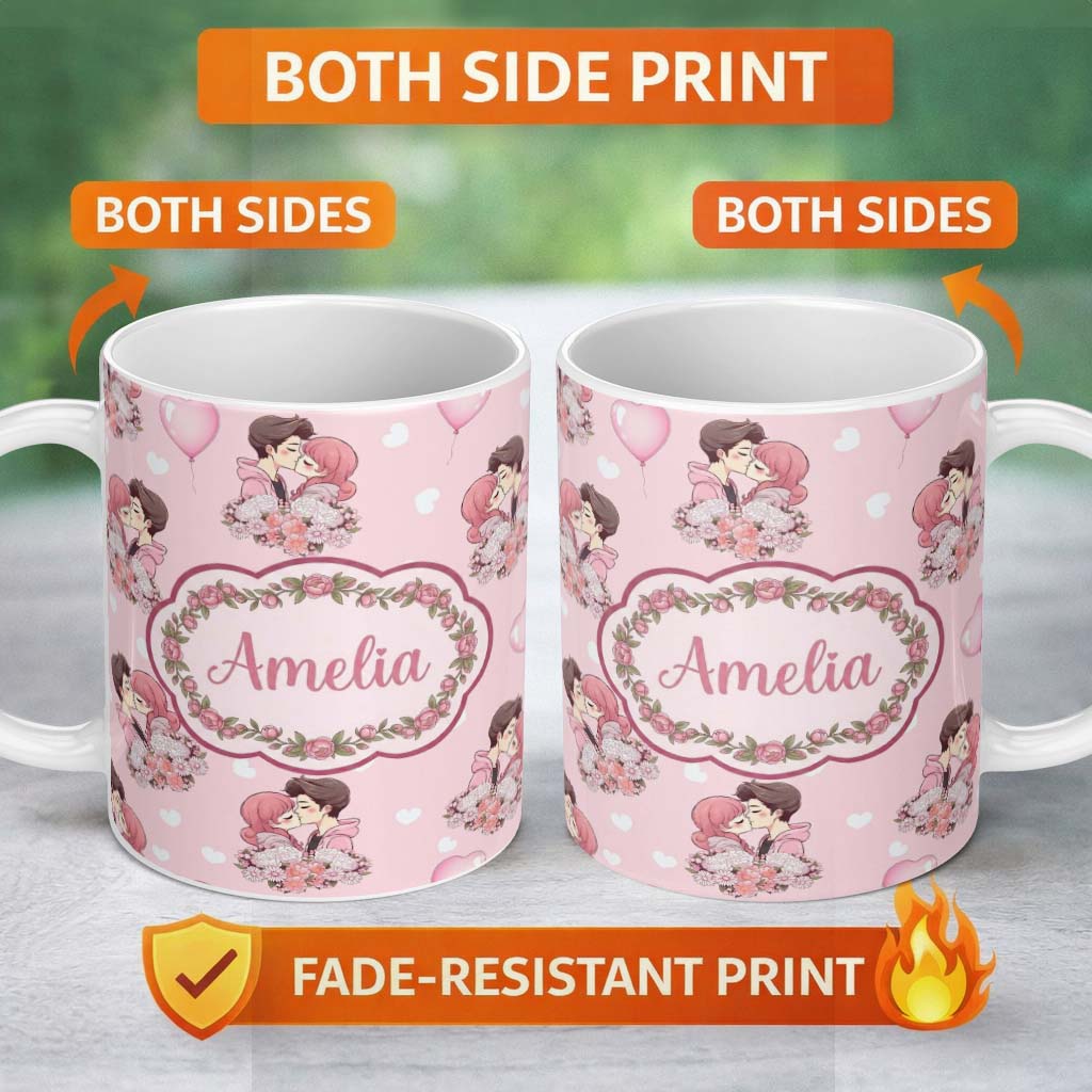 Personalized Custom Name Romantic Couple Kissing Floral Bouquet Hearts Pattern Soft Pink 11oz Ceramic Coffee Tea Mug White Large Handle
