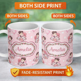 Personalized Custom Name Romantic Couple Kissing Floral Bouquet Hearts Pattern Soft Pink 11oz Ceramic Coffee Tea Mug White Large Handle