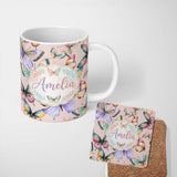 Personalized Custom Name Pastel Watercolor Butterflies Blush Pink Background Seamless Pattern 11oz Ceramic Coffee Tea Mug White Large Handle