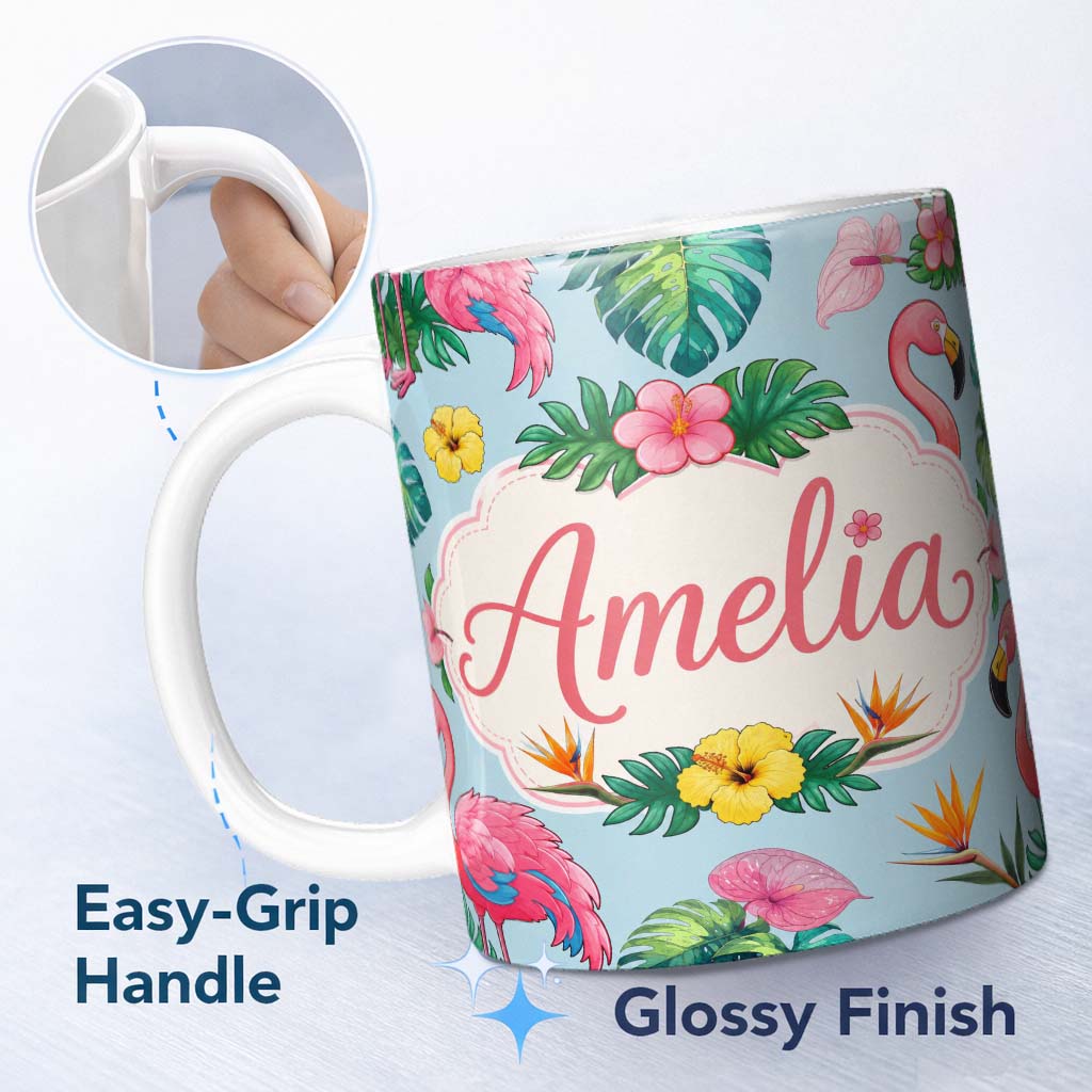 Personalized Custom Name Tropical Flamingo Bird with Exotic Flowers Leaf Pattern Blue 11oz Ceramic Coffee Tea Mug White Large Handle