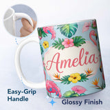 Personalized Custom Name Tropical Flamingo Bird with Exotic Flowers Leaf Pattern Blue 11oz Ceramic Coffee Tea Mug White Large Handle