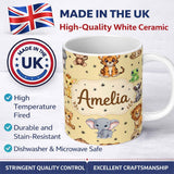 Personalized Custom Name Cute Jungle Baby Animals Lion Tiger Elephant Giraffe Pattern Beige 11oz Ceramic Coffee Tea Mug White Large Handle