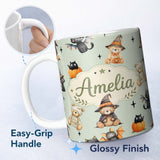 Personalized Custom Name Cute Halloween Teddy Bears Mummy Witch Cat Pumpkin Stars Sage 11oz Ceramic Coffee Tea Mug White Large Handle