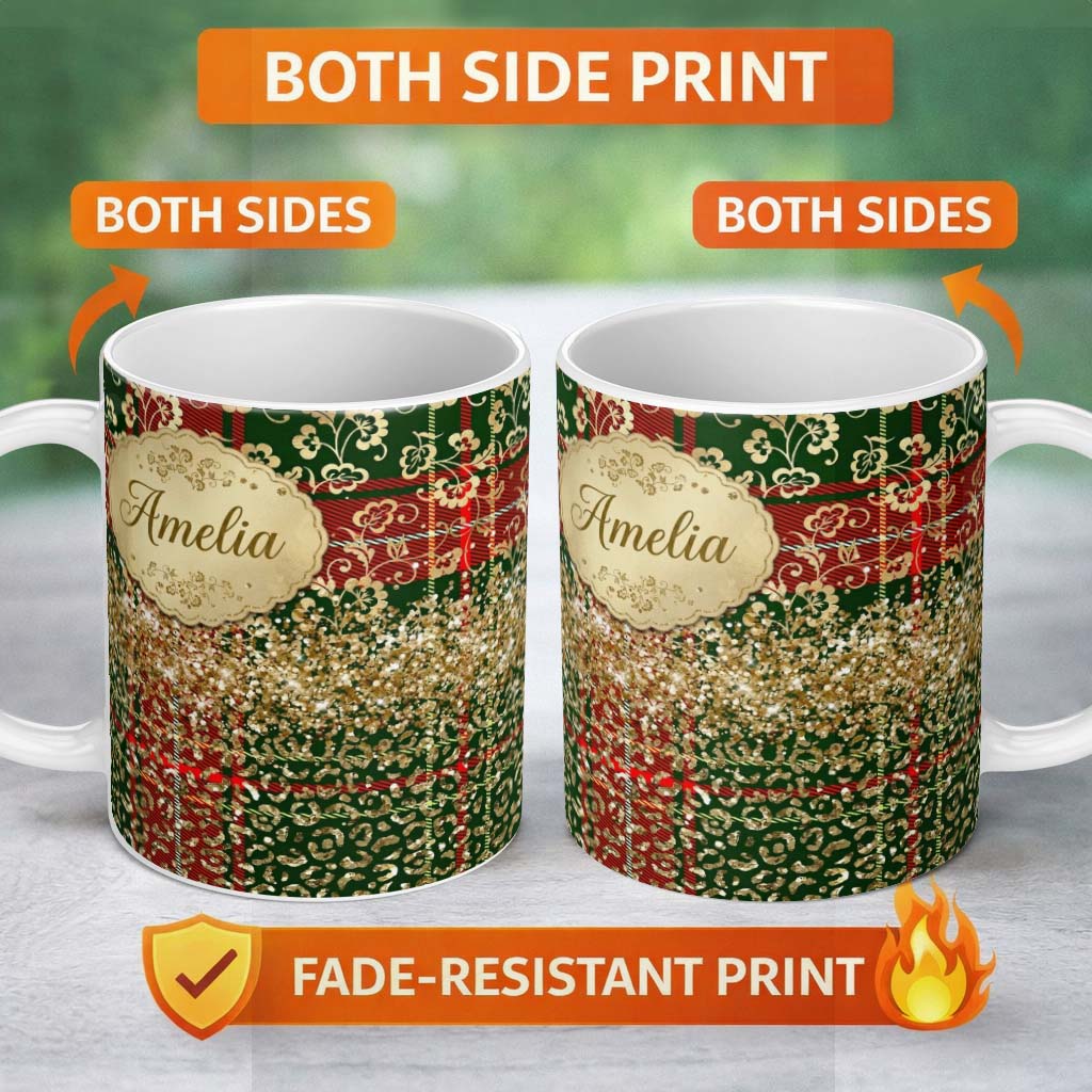 Personalized Custom Name Green Red Tartan Gold Glitter Leopard Seamless Pattern Design Lovely 11oz Ceramic Coffee Tea Mug White Large Handle