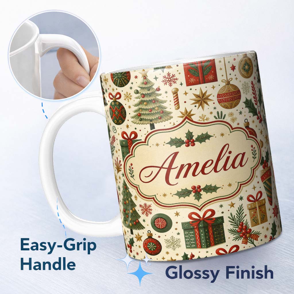 Personalized Custom Name Classic Christmas Tree Gifts Ornaments Stars Holiday Seamless Lovely 11oz Ceramic Coffee Tea Mug White Large Handle