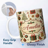 Personalized Custom Name Classic Christmas Tree Gifts Ornaments Stars Holiday Seamless Lovely 11oz Ceramic Coffee Tea Mug White Large Handle