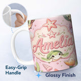 Personalized Custom Name Cute Kawaii Sea Turtle Starfish Shells Ocean Friends Blush Lovely 11oz Ceramic Coffee Tea Mug White Large Handle