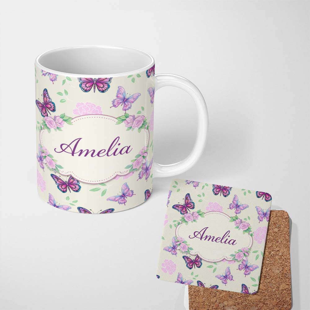 Personalized Custom Name Pink Purple Butterfly Floral Beige Background Seamless Pattern 11oz Ceramic Coffee Tea Mug White Large Handle
