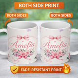 Personalized Custom Name Elegant Watercolor Rose Bouquet Ribbon Butterfly Soft Ivory Lovely 11oz Ceramic Coffee Tea Mug White Large Handle