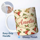 Personalized Custom Name Watercolor Christmas Stockings with Holly Berries Festive Holiday 11oz Ceramic Coffee Tea Mug White Large Handle