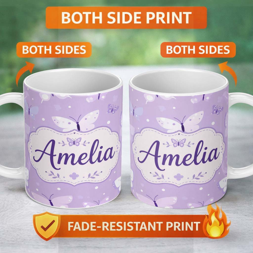 Personalized Custom Name Cute Purple Butterflies with Soft Abstract Background Seamless 11oz Ceramic Coffee Tea Mug White Large Handle