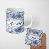 Personalized Custom Name Soft Blue Toned Floral Bouquet Seamless Pattern with Roses Peonies 11oz Ceramic Coffee Tea Mug White Large Handle