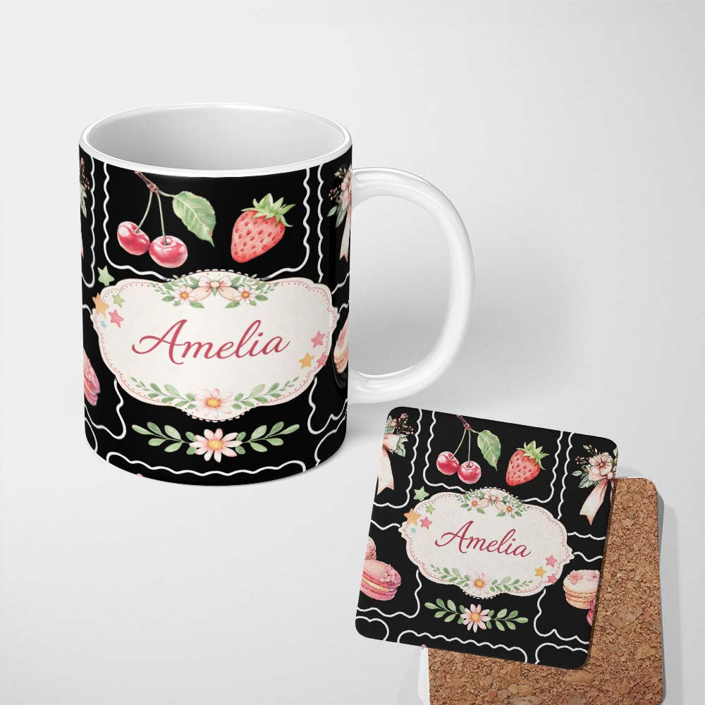 Personalized Custom Name Strawberry Cherry Bow Seamless Pattern White Cute Coquette Kawaii 11oz Ceramic Coffee Tea Mug White Large Handle
