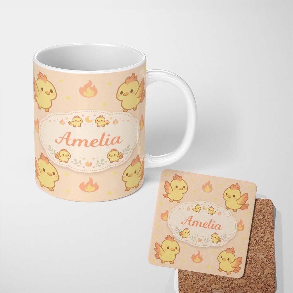 Personalized Custom Name Cute Fire Chick Cartoon Animal Pattern Perfect Gift for Her Lovely 11oz Ceramic Coffee Tea Mug White Large Handle