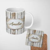 Personalized Custom Name Vertical Weathered Wooden Planks Whitewashed Distressed Lovely 11oz Ceramic Coffee Tea Mug White Large Handle