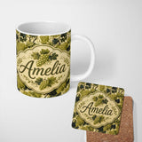 Personalized Custom Name Classic Vineyard Grapes and Leaves Botanical Seamless Pattern Lovely 11oz Ceramic Coffee Tea Mug White Large Handle