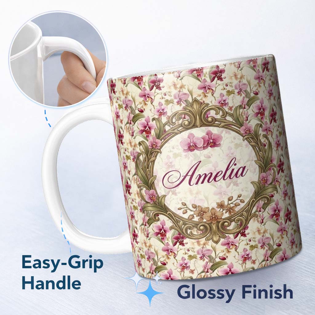 Personalized Custom Name Pink Orchid Garden Floral Pattern on Light Cream Background Lovely 11oz Ceramic Coffee Tea Mug White Large Handle
