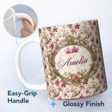 Personalized Custom Name Pink Orchid Garden Floral Pattern on Light Cream Background Lovely 11oz Ceramic Coffee Tea Mug White Large Handle