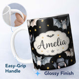 Personalized Custom Name Cute Halloween Bats Flying Yellow Stars Night Sky Seamless Pattern 11oz Ceramic Coffee Tea Mug White Large Handle